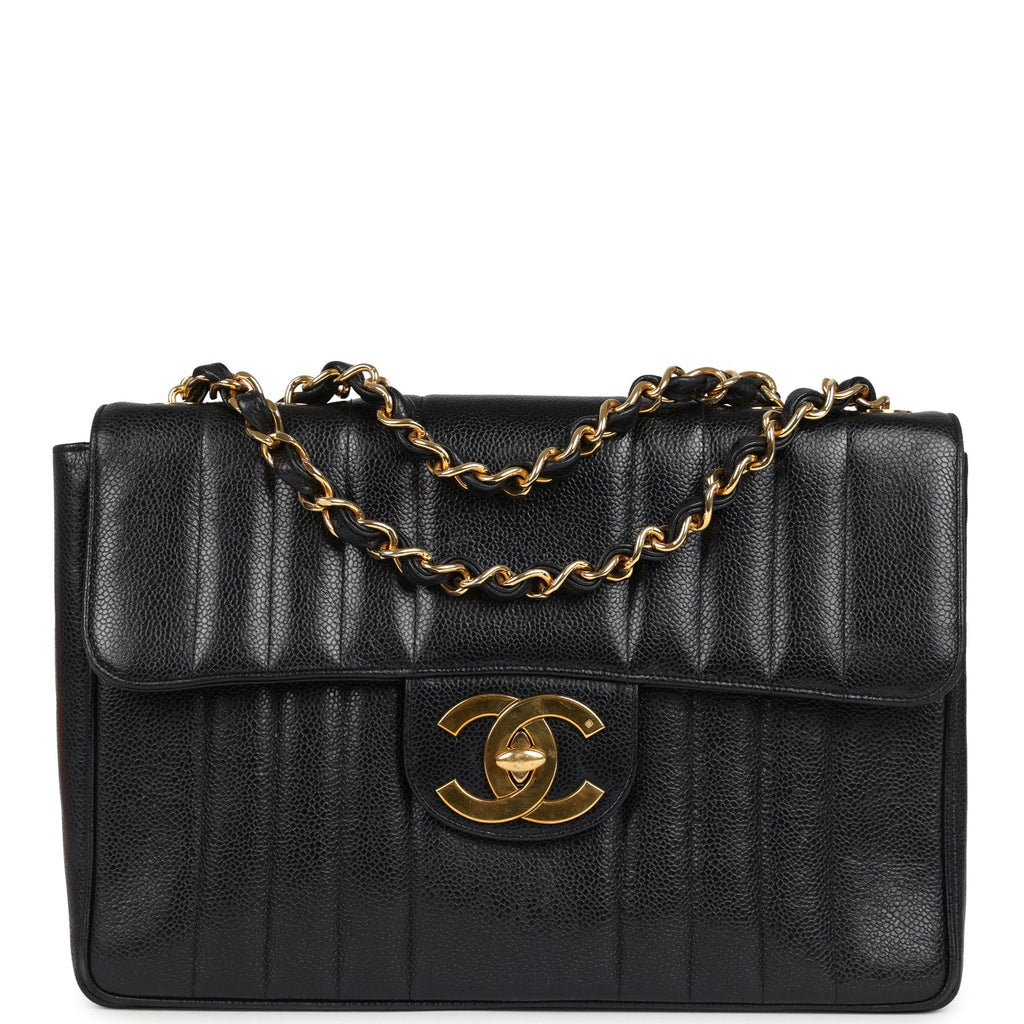 Vintage Chanel Jumbo Classic Mademoiselle Vertical Flap Black Caviar Gold Hardware