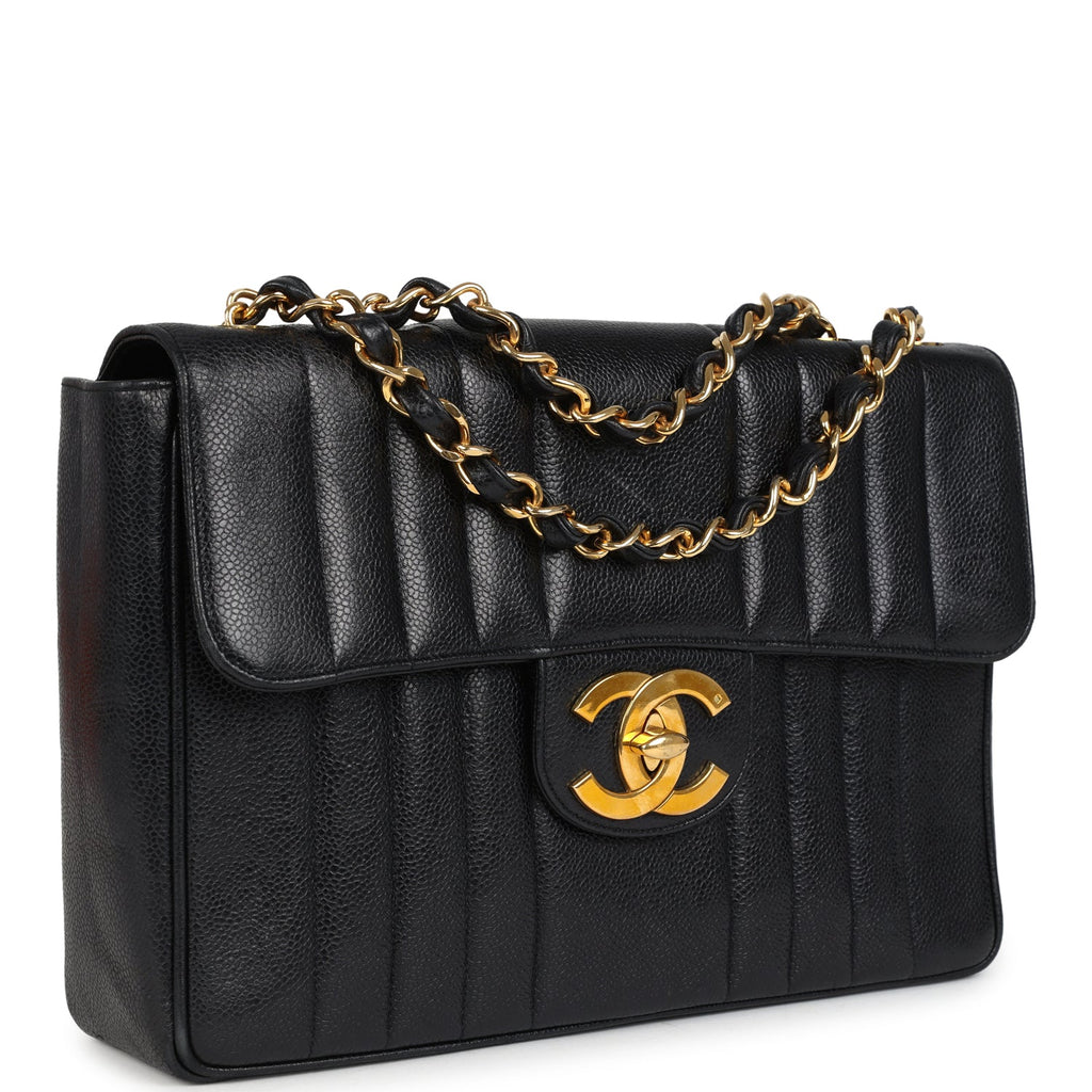 Vintage Chanel Jumbo Classic Mademoiselle Vertical Flap Black Caviar Gold Hardware