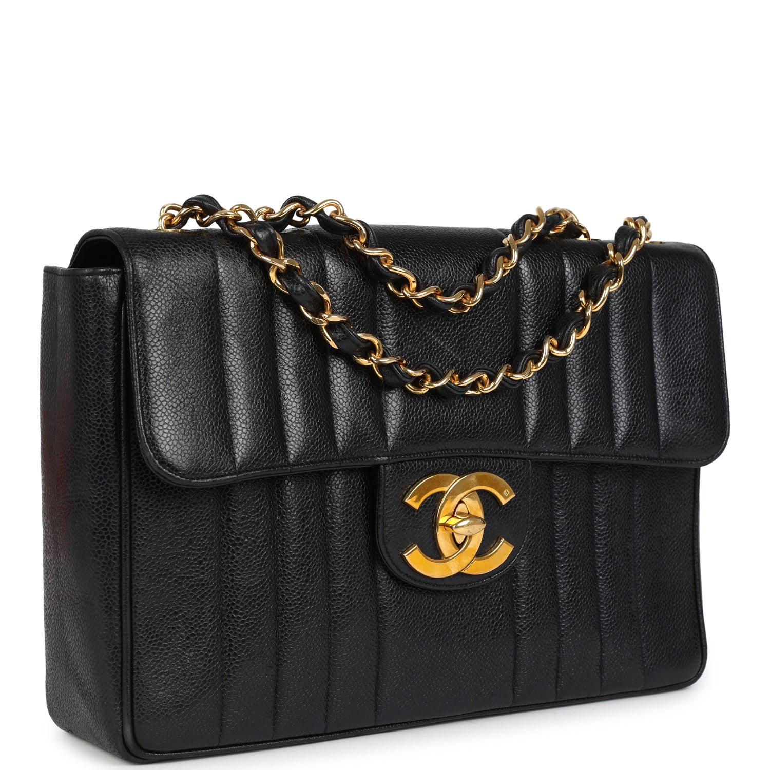 Vintage Chanel Jumbo Classic Mademoiselle Vertical Flap Black Caviar Gold Hardware