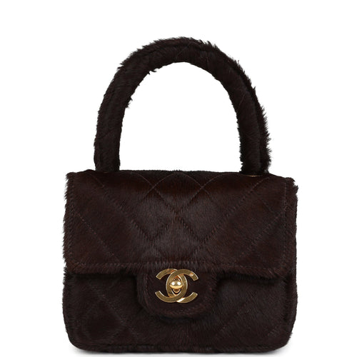 Vintage Chanel Micro Kelly Child Dark Brown Pony Hair Gold Hardware