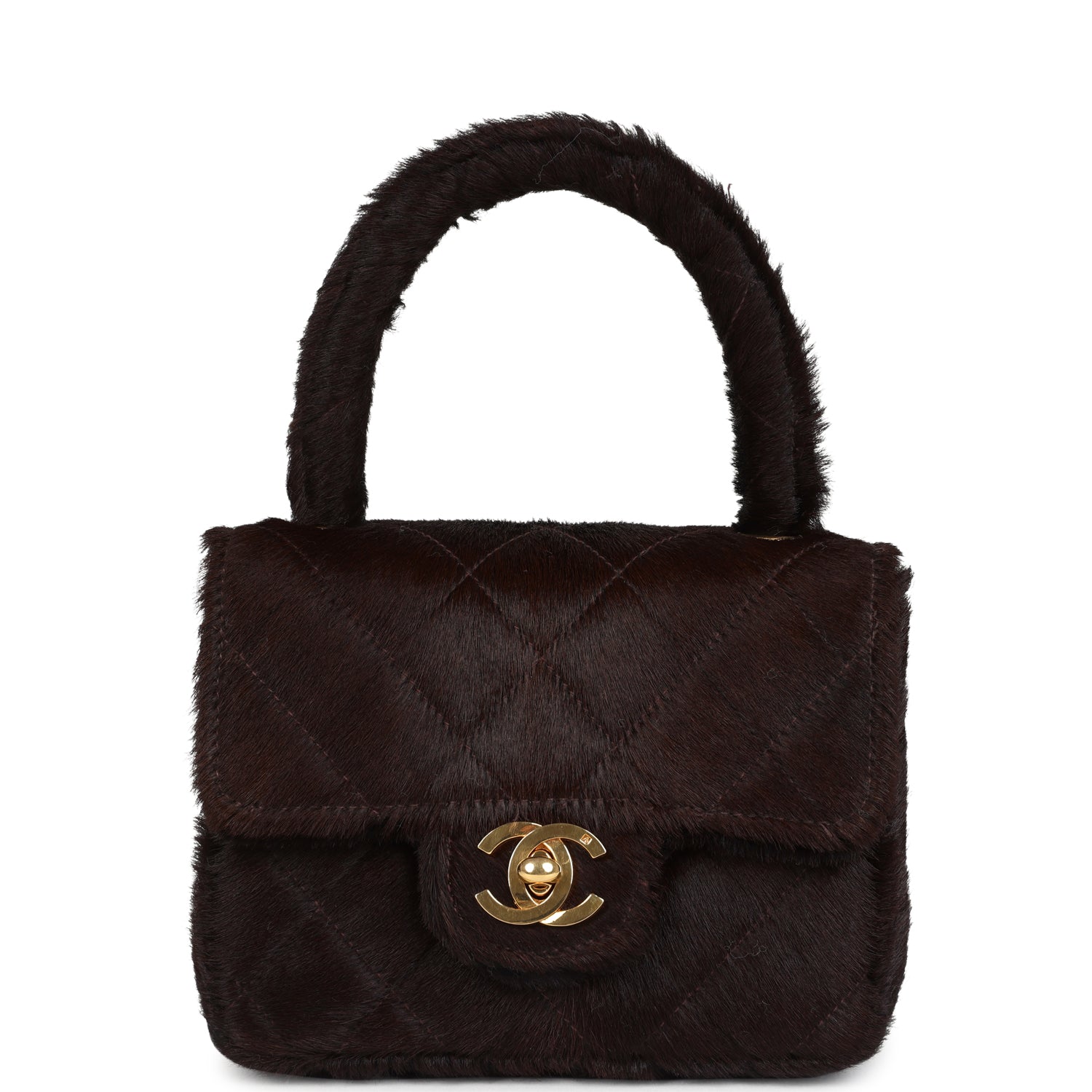 Vintage Chanel Micro Kelly Child Dark Brown Pony Hair Gold Hardware