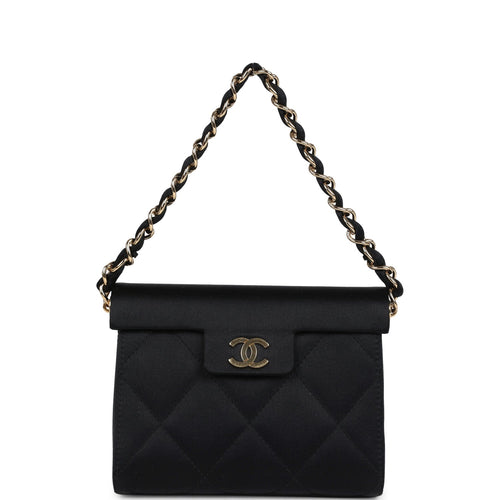 Vintage Chanel Mini Evening Handbag Bag Black Satin Gold Hardware