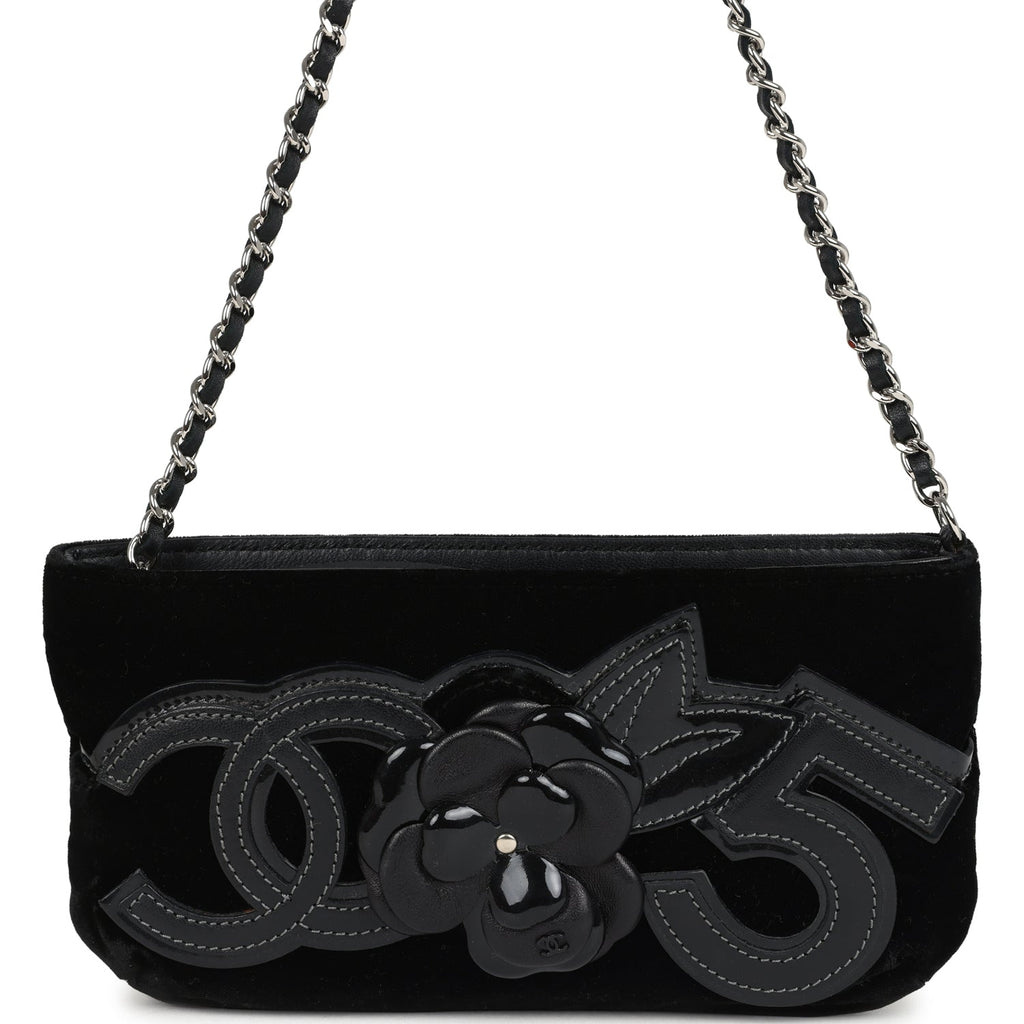 Vintage Chanel No. 5 Camelia Pochette Black Velvet Silver Hardware
