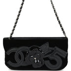 Vintage Chanel No. 5 Camelia Pochette Black Velvet Silver Hardware