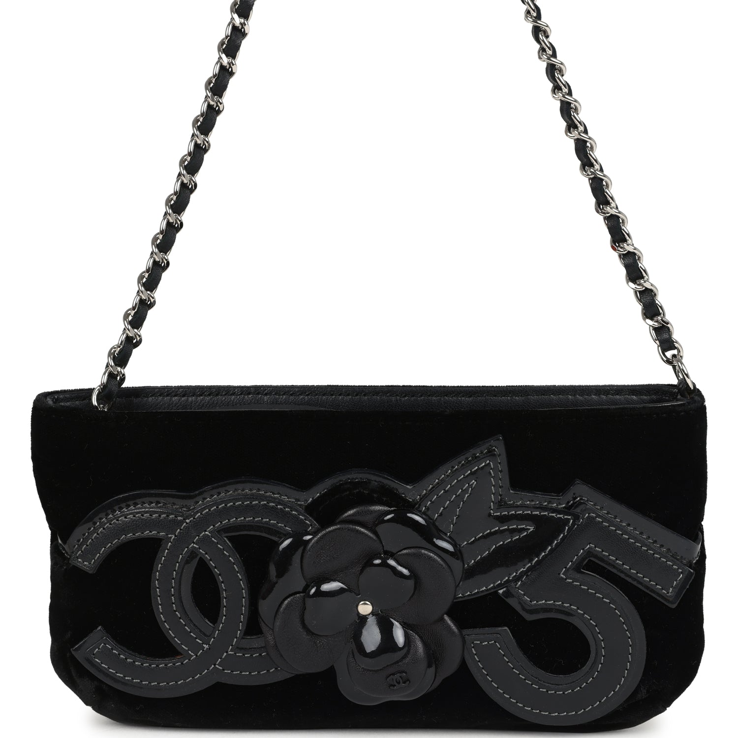 Vintage Chanel No. 5 Camelia Pochette Black Velvet Silver Hardware