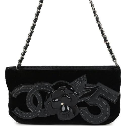 Vintage Chanel No. 5 Camelia Pochette Black Velvet Silver Hardware