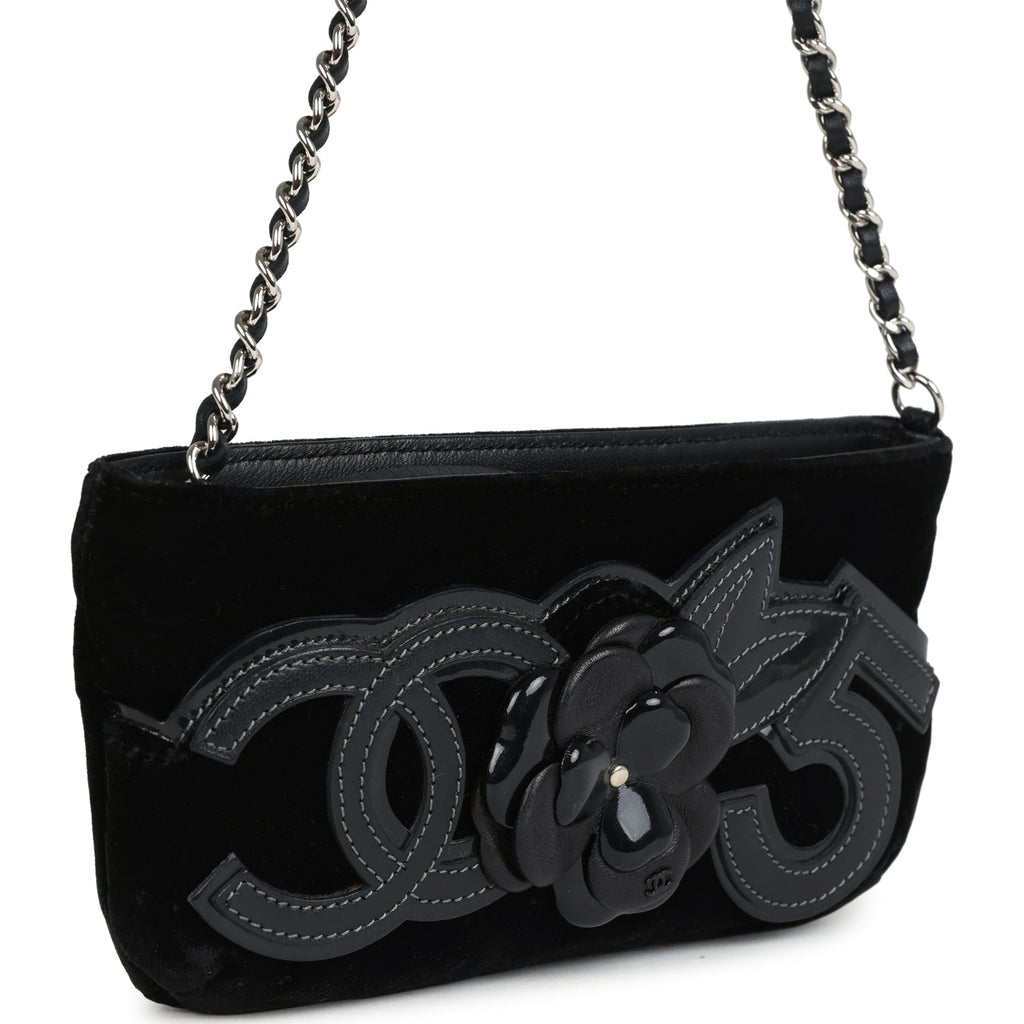 Vintage Chanel No. 5 Camelia Pochette Black Velvet Silver Hardware