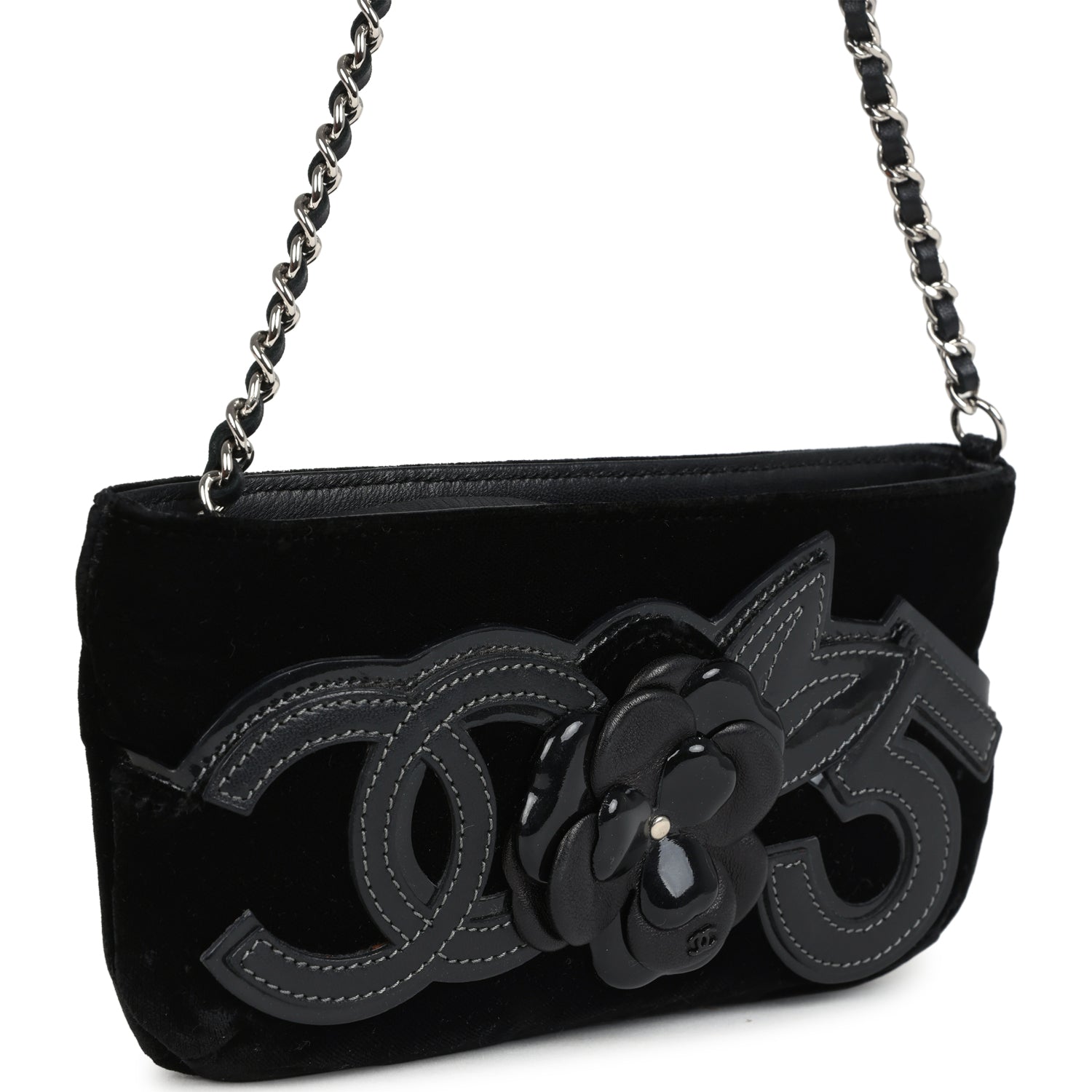 Vintage Chanel No. 5 Camelia Pochette Black Velvet Silver Hardware