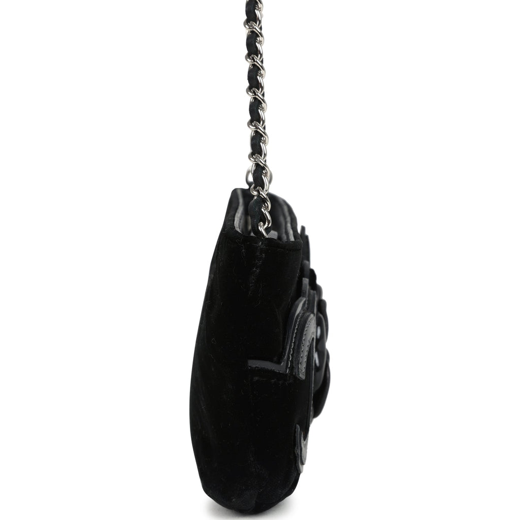 Vintage Chanel No. 5 Camelia Pochette Black Velvet Silver Hardware