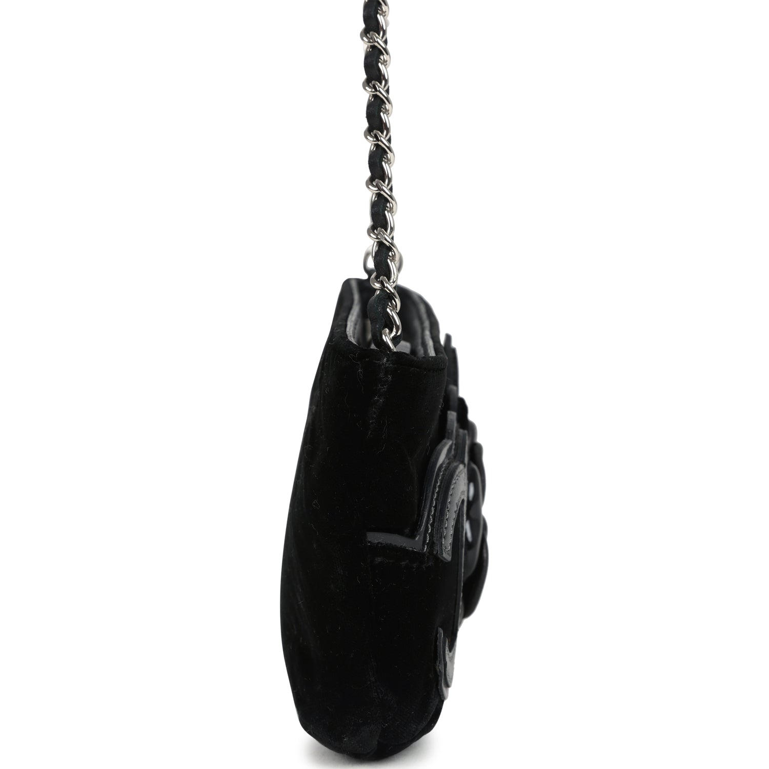 Vintage Chanel No. 5 Camelia Pochette Black Velvet Silver Hardware