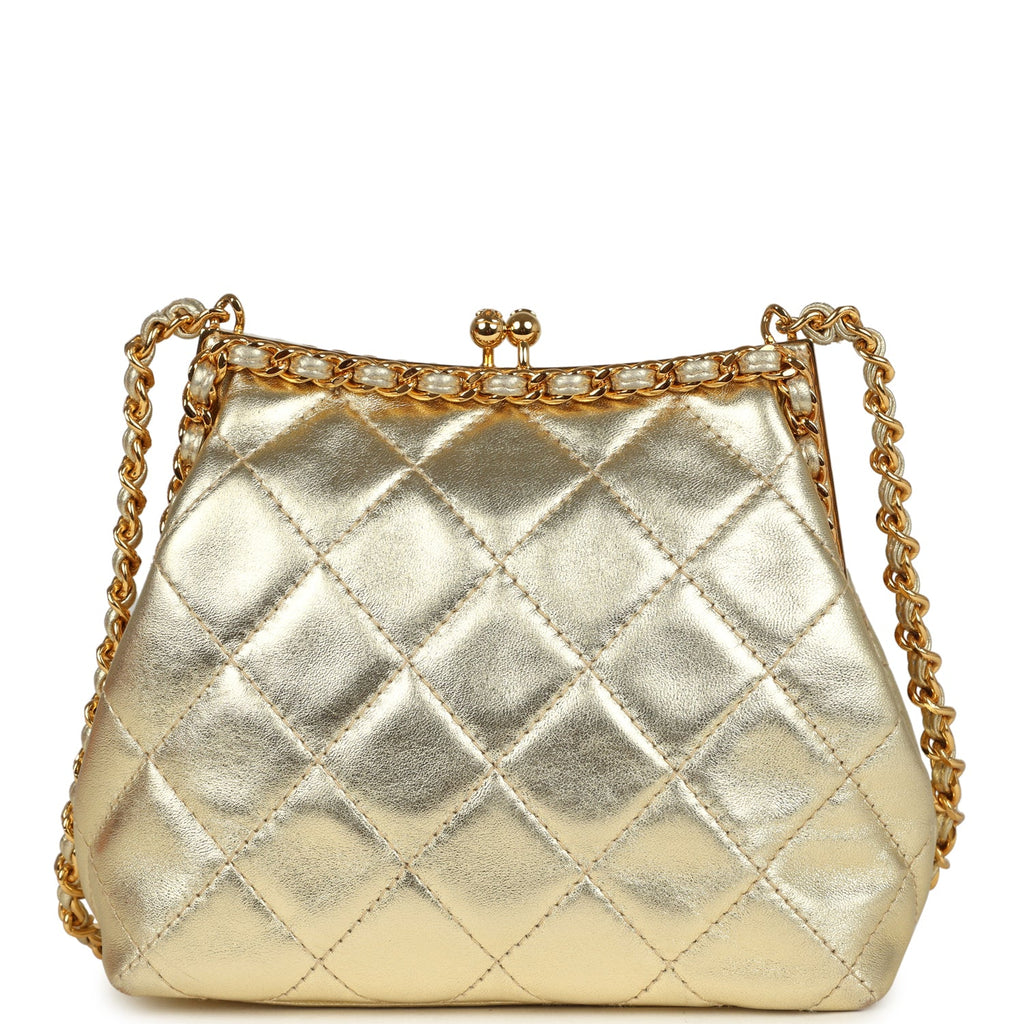 Vintage Chanel Kiss Lock Frame Shoulder Bag Gold Metallic Lambskin Gold Hardware