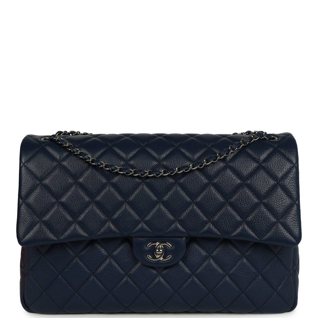 Chanel XXL Classic Single Flap Bag Navy Blue Shiny Aged Calfskin Ruthenium Hardware