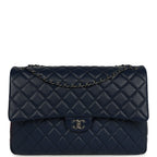 Chanel XXL Classic Single Flap Bag Navy Blue Shiny Aged Calfskin Ruthenium Hardware