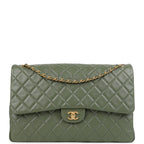 Chanel XXL Classic Single Flap Bag Khaki Shiny Aged Calfskin Brushed Gold Hardware