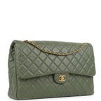 Chanel XXL Classic Single Flap Bag Khaki Shiny Aged Calfskin Brushed Gold Hardware