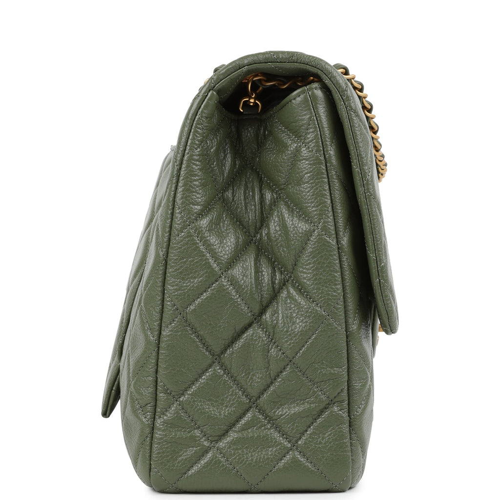 Chanel XXL Classic Single Flap Bag Khaki Shiny Aged Calfskin Brushed Gold Hardware