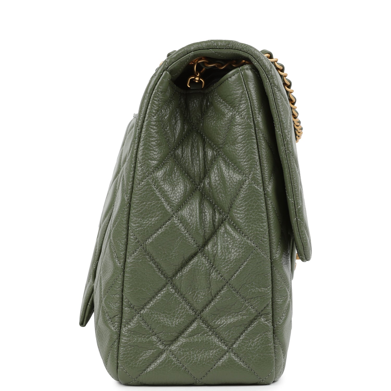 Chanel XXL Classic Single Flap Bag Khaki Shiny Aged Calfskin Brushed Gold Hardware