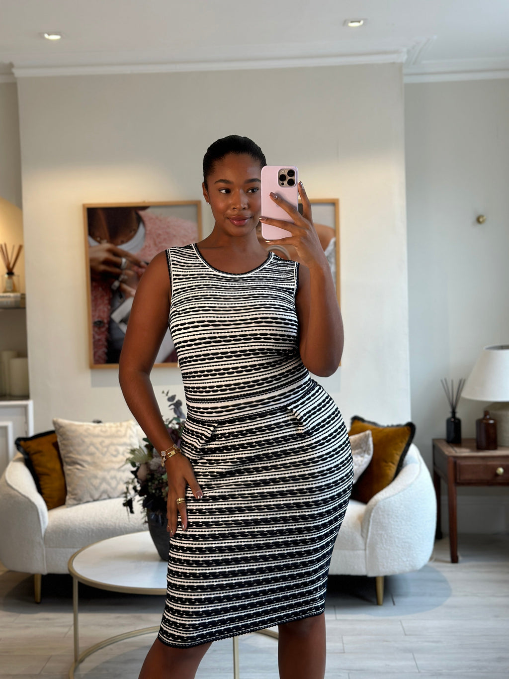 Christian Dior Navy and White Striped Textured Midi Dress and igan Set Size FR 42 (UK 14)