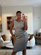 Christian Dior Navy and White Striped Textured Midi Dress and igan Set Size FR 42 (UK 14)