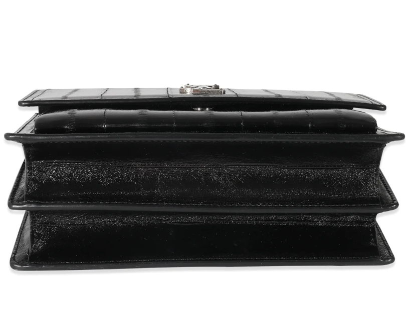 SAINT LAURENT - Black Glossy Eelskin Medium Monogram Sunset Bag