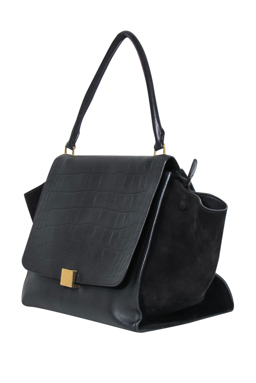 Celine - Black Leather Reptile Embossed Fold-Over Handbag