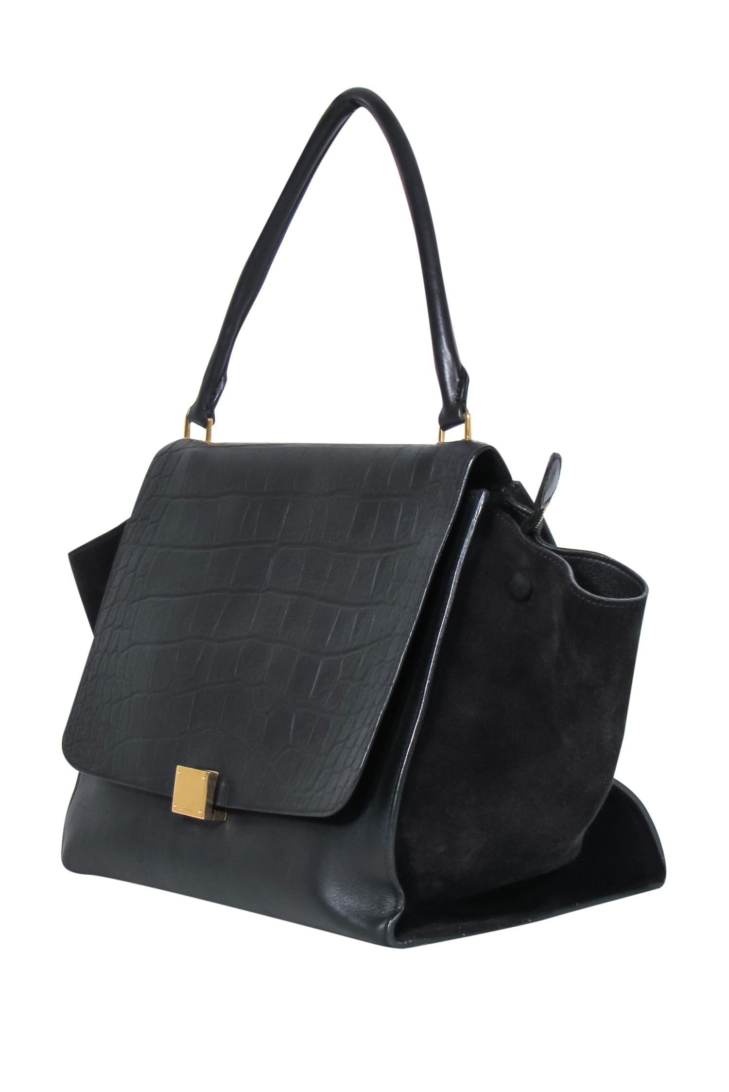 Celine - Black Leather Reptile Embossed Fold-Over Handbag