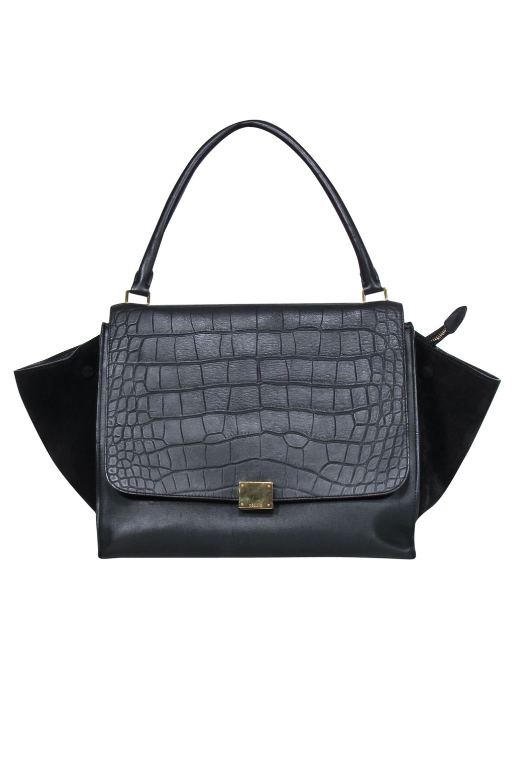 Celine - Black Leather Reptile Embossed Fold-Over Handbag