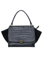Celine - Black Leather Reptile Embossed Fold-Over Handbag