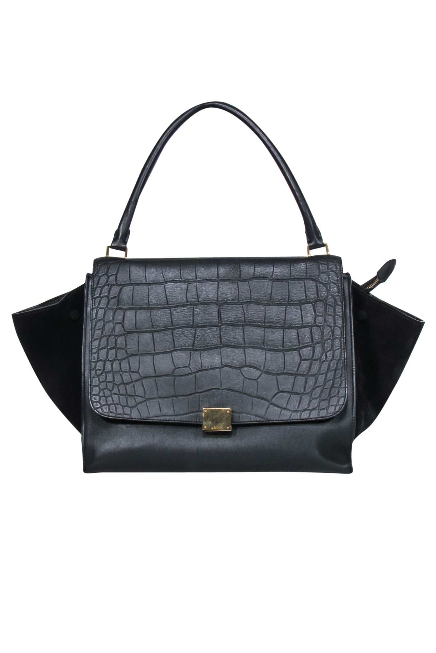 Celine - Black Leather Reptile Embossed Fold-Over Handbag