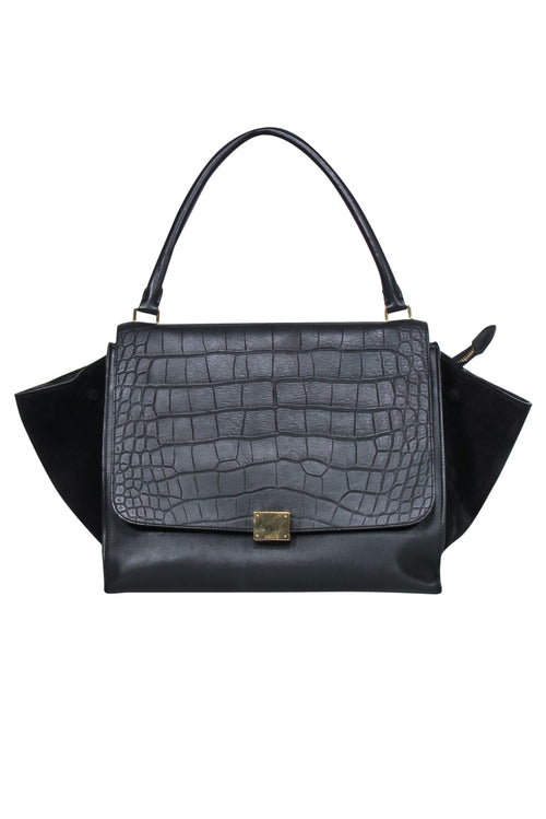 Celine - Black Leather Reptile Embossed Fold-Over Handbag