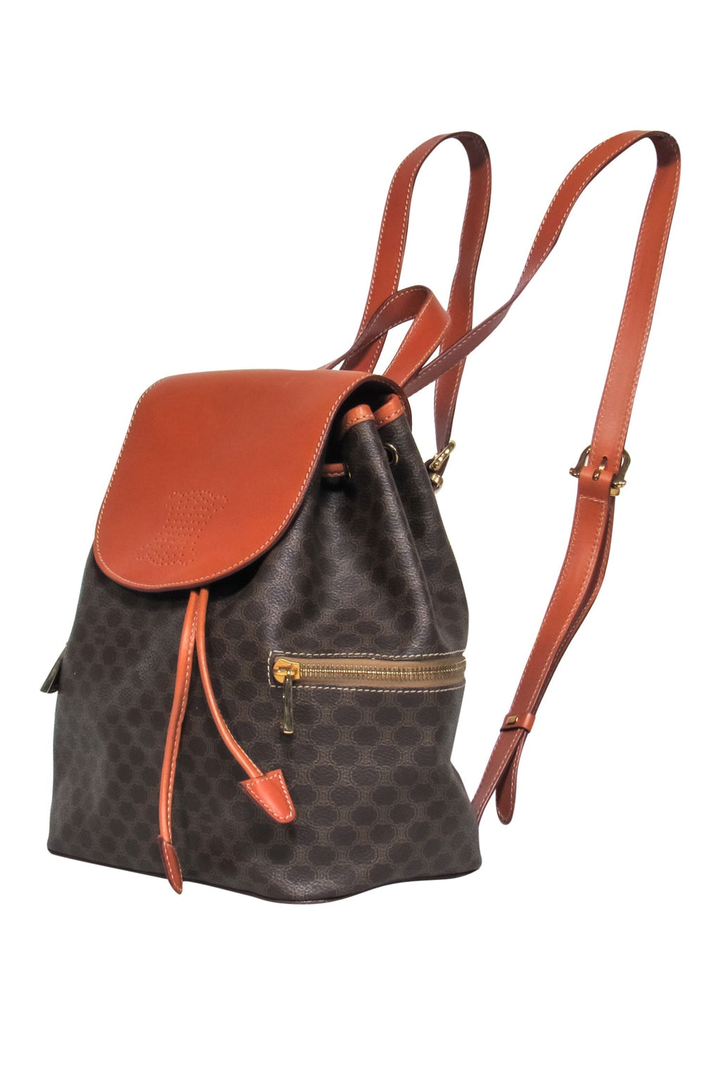 Celine - Brown Pebbled Leather Printed Fold-Over "Borsa Donna" Backpack