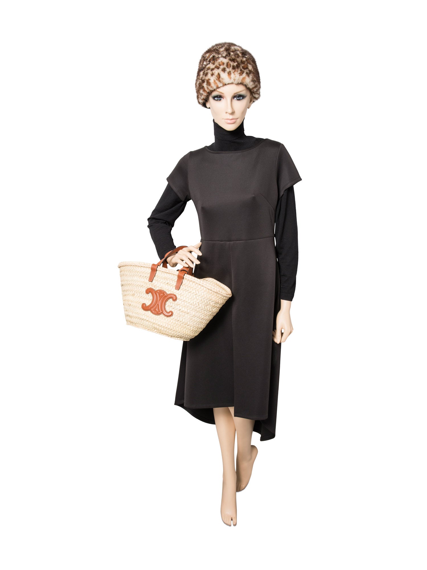 Celine CC Logo Raffia Top Handle Bag Beige Brown