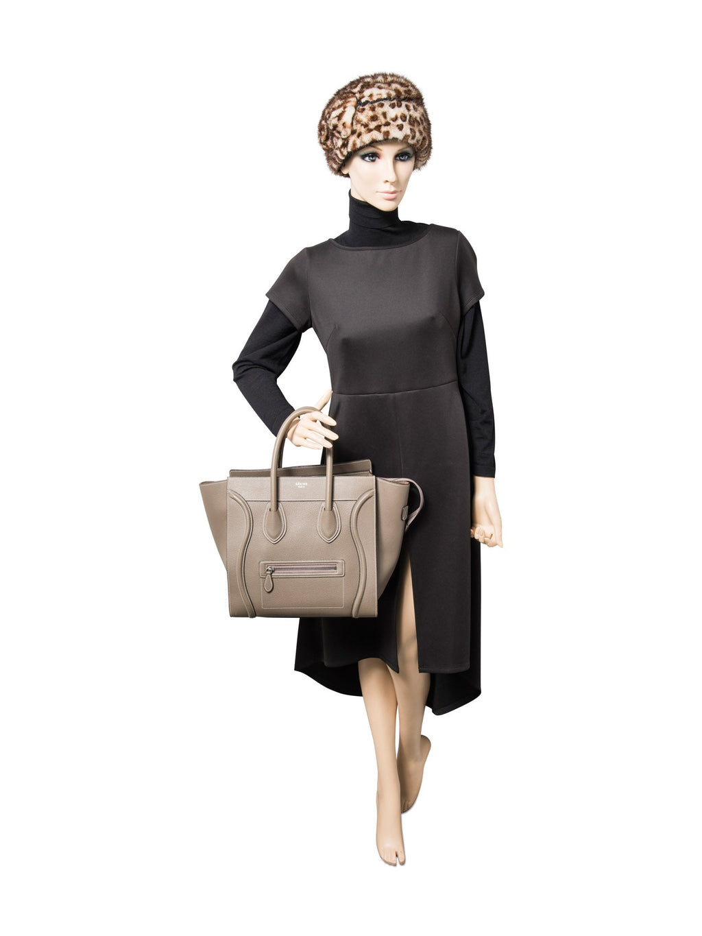 Celine Logo Leather Mini Luggage Tote Bag Taupe