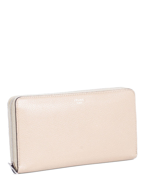 Celine Logo Leather Zippered Wallet Beige