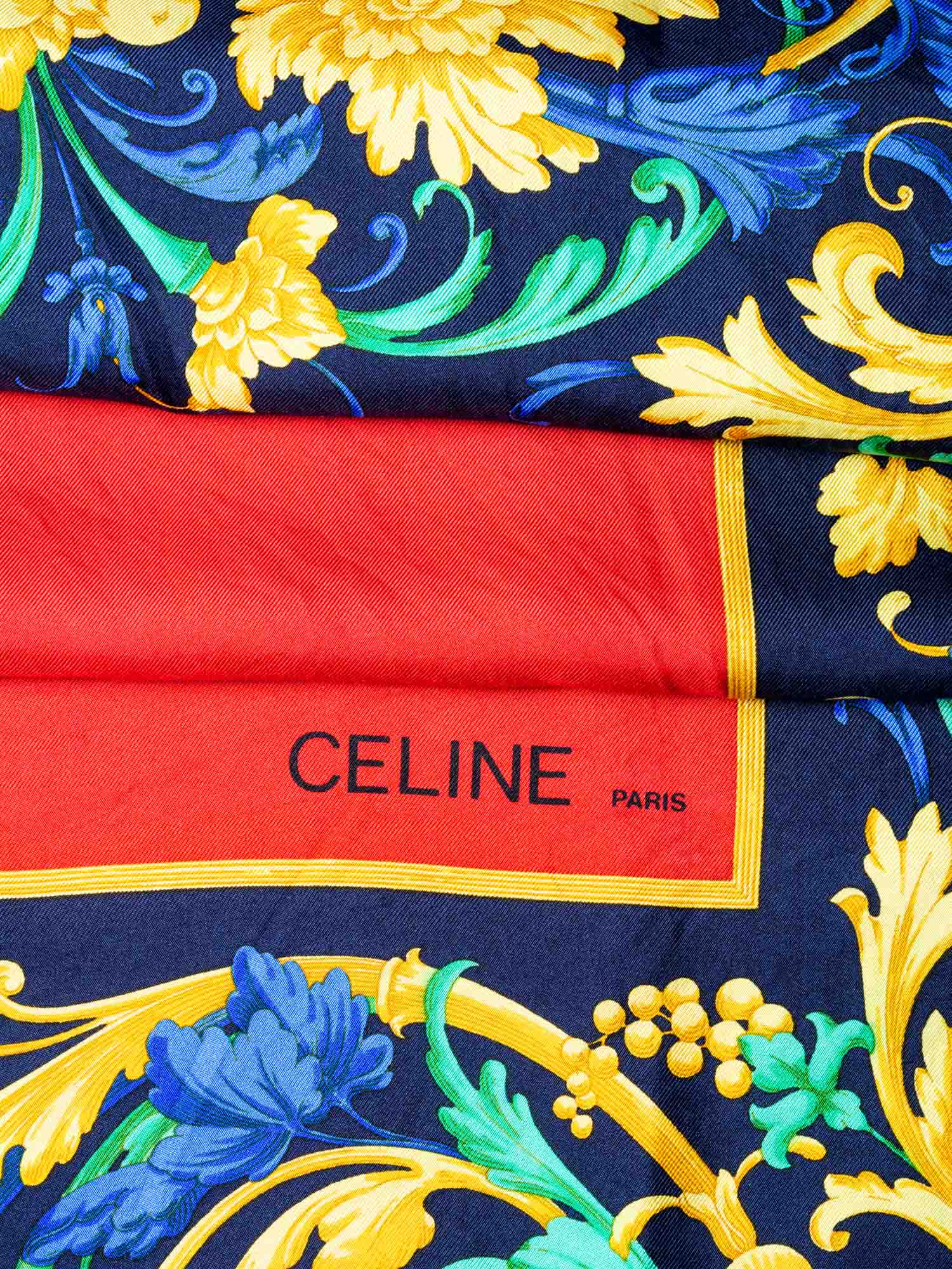 Celine Silk Logo Floral Scarf Red Blue