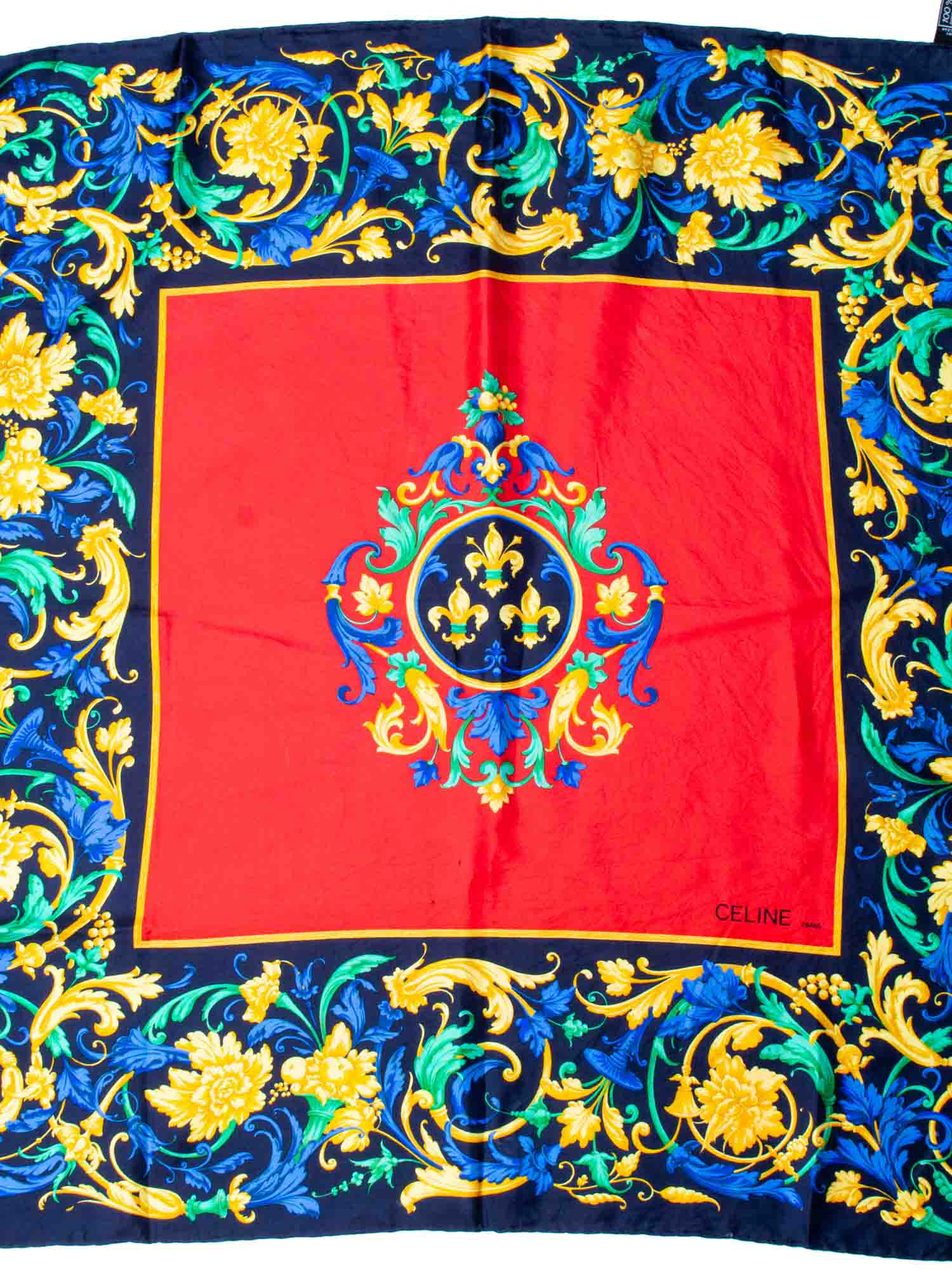 Celine Silk Logo Floral Scarf Red Blue