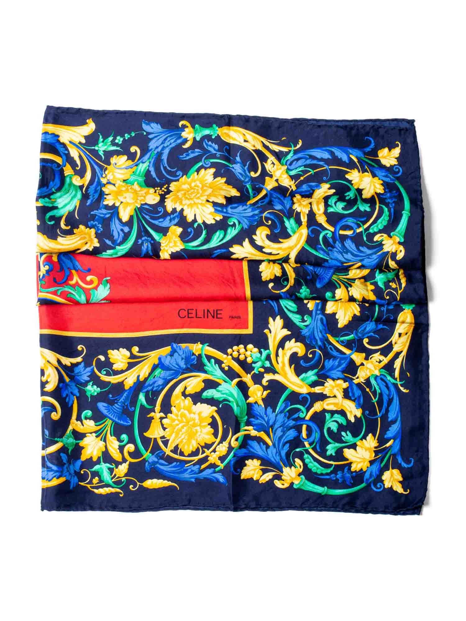 Celine Silk Logo Floral Scarf Red Blue