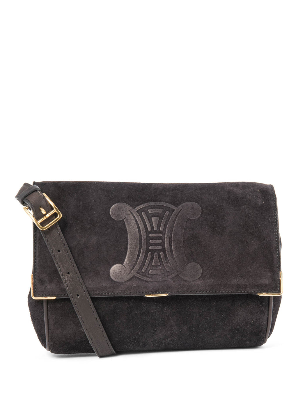 Celine Vintage Logo Debossed Suede Messenger Bag Black Gold