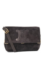 Celine Vintage Logo Debossed Suede Messenger Bag Black Gold