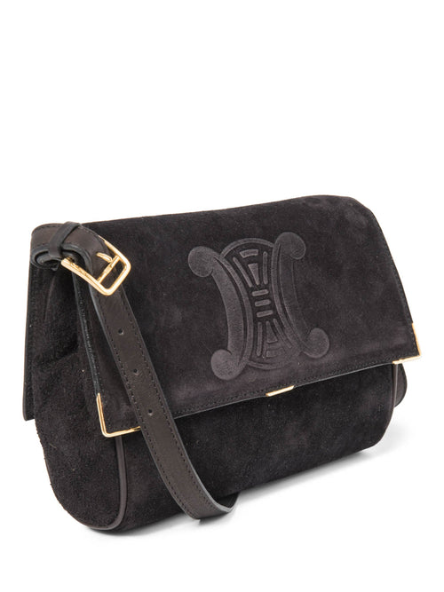 Celine Vintage Logo Debossed Suede Messenger Bag Black Gold
