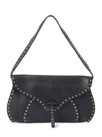 Celine Vintage Logo Leather Western Studded Shoulder Bag Black