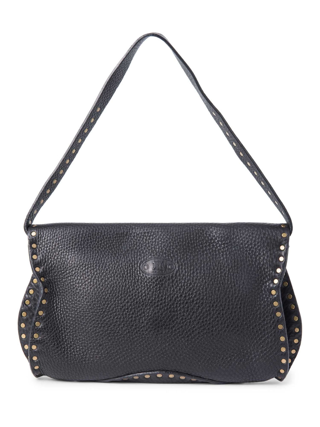 Celine Vintage Logo Leather Western Studded Shoulder Bag Black