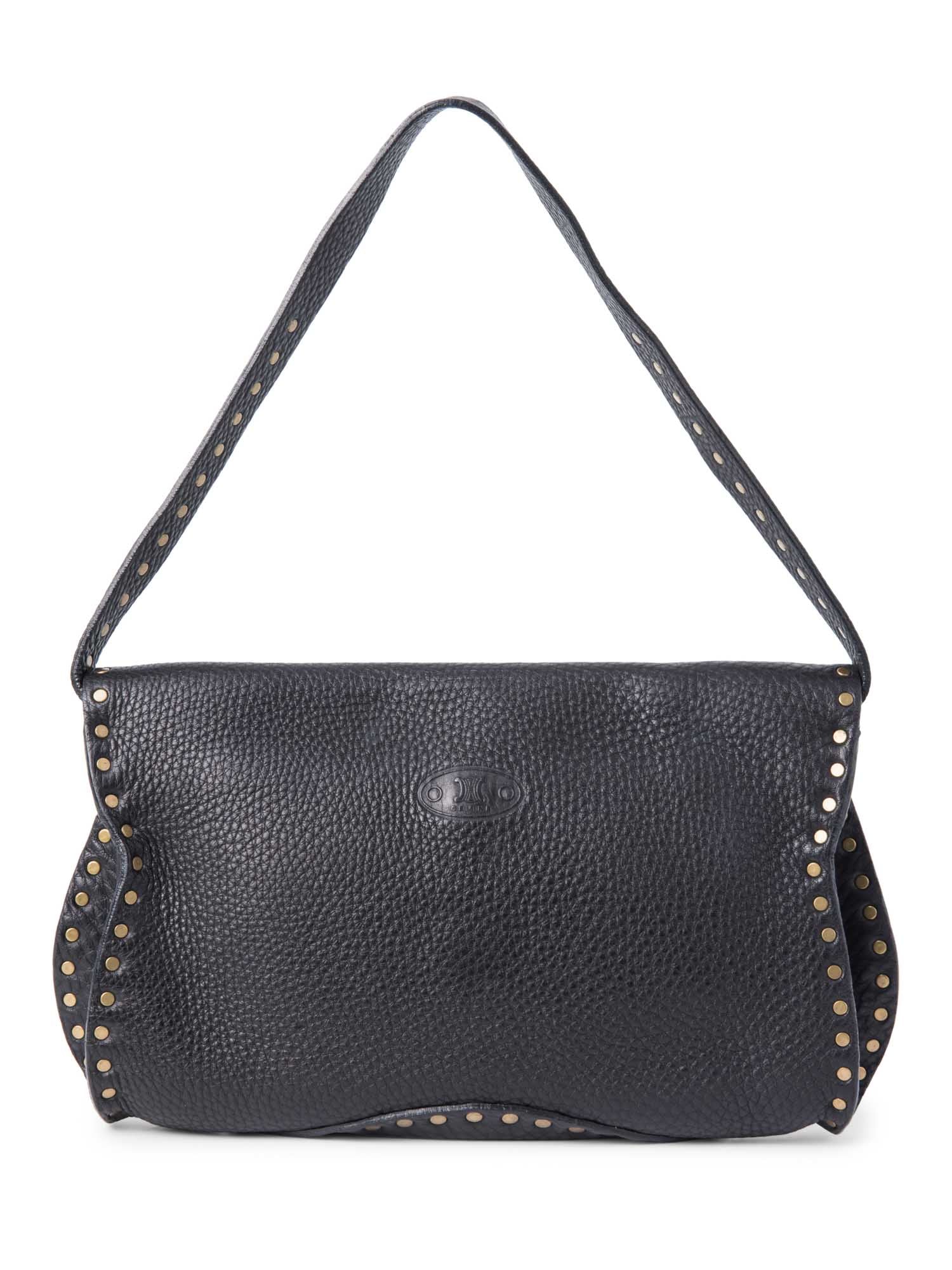 Celine Vintage Logo Leather Western Studded Shoulder Bag Black