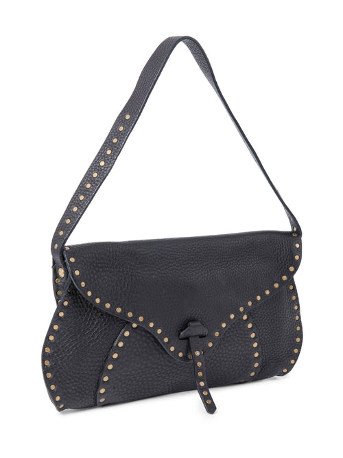 Celine Vintage Logo Leather Western Studded Shoulder Bag Black