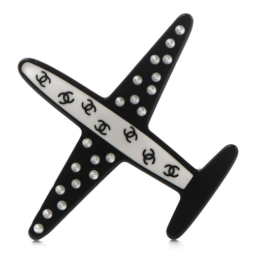 CHANEL Faux Pearl & Resin CC Airplane Brooch