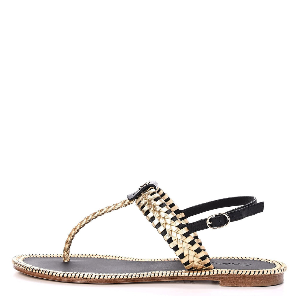 CHANEL Metallic Calfskin Braided Thong Sandals