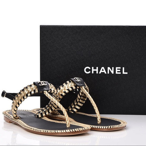 CHANEL Metallic Calfskin Braided Thong Sandals