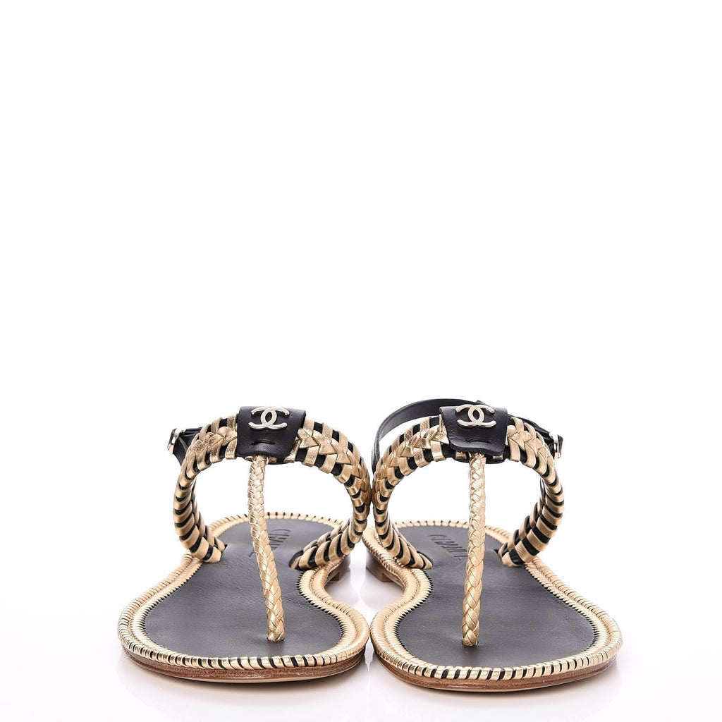 CHANEL Metallic Calfskin Braided Thong Sandals