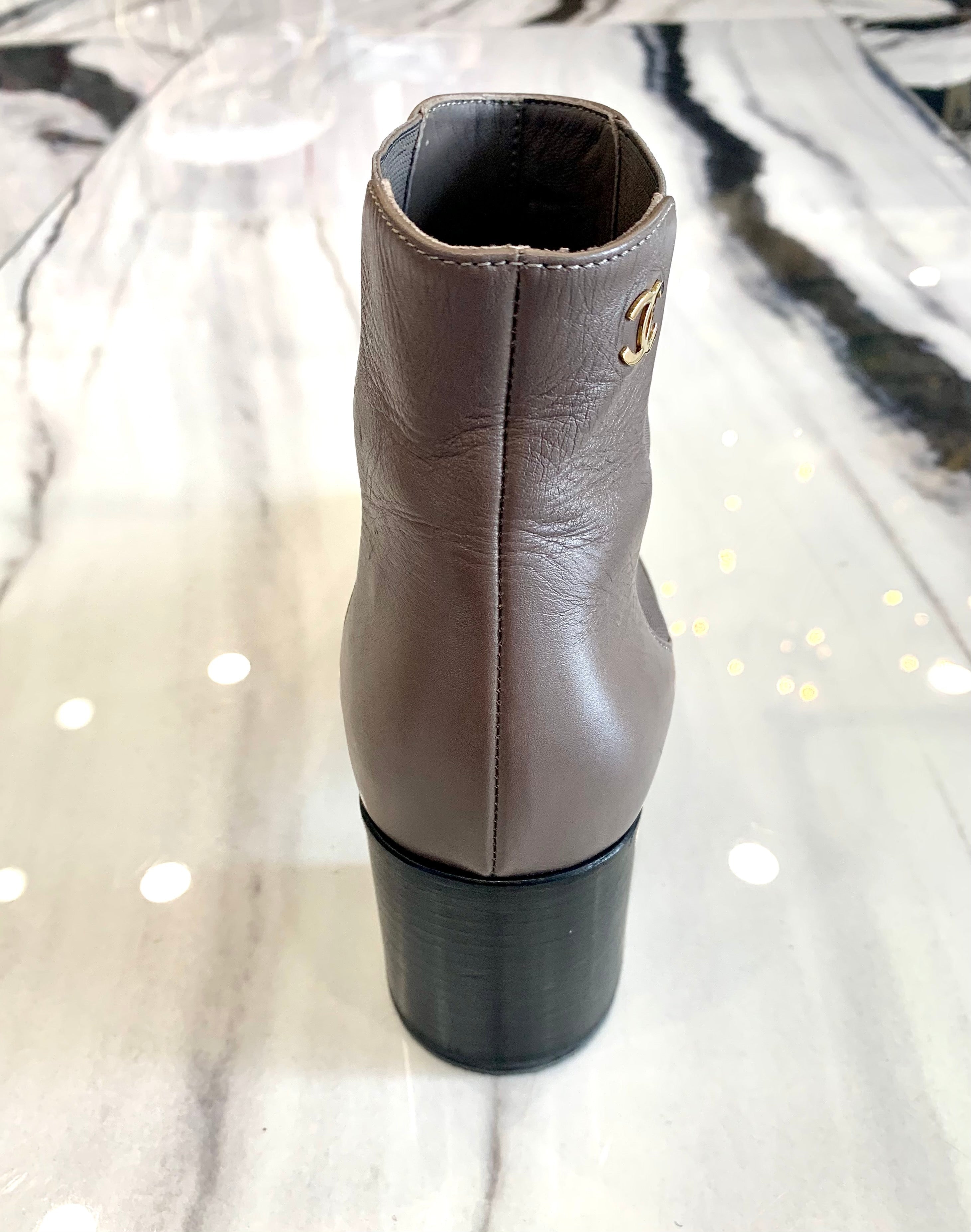 CHANEL BROWN LEATHER CHUNKY HEEL BOOTS