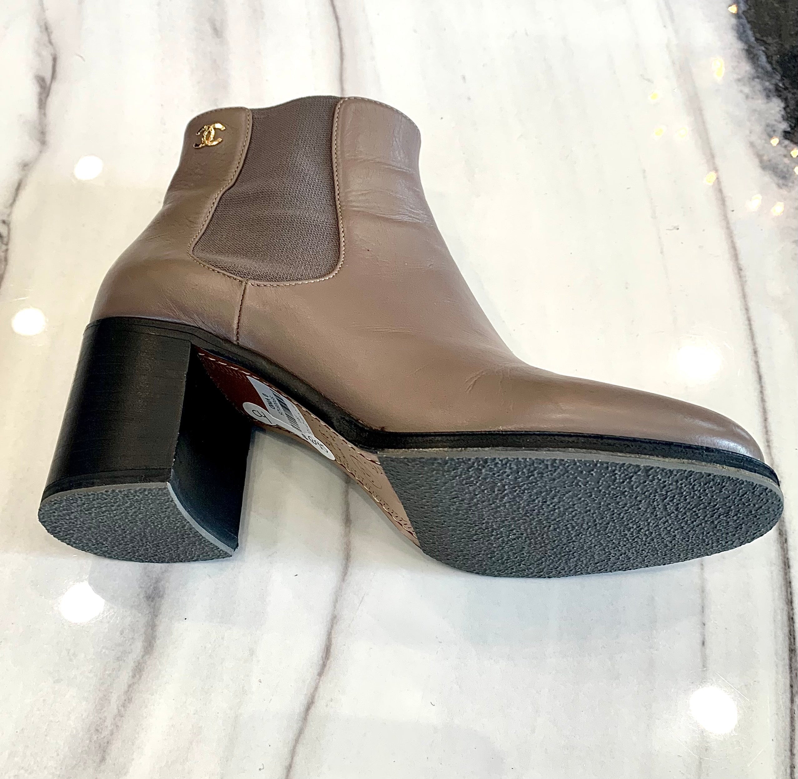 CHANEL BROWN LEATHER CHUNKY HEEL BOOTS